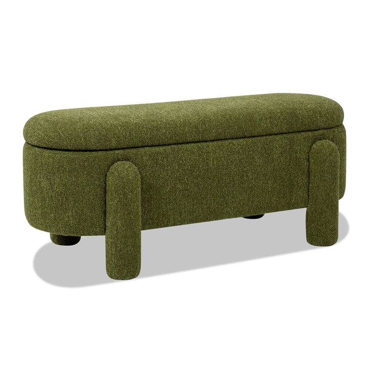 Moss Green Oval Bouclé Storage Bench with Rubberwood Legs