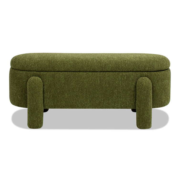 Moss Green Oval Bouclé Storage Bench with Rubberwood Legs