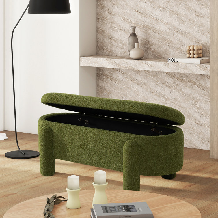 Moss Green Oval Bouclé Storage Bench with Rubberwood Legs