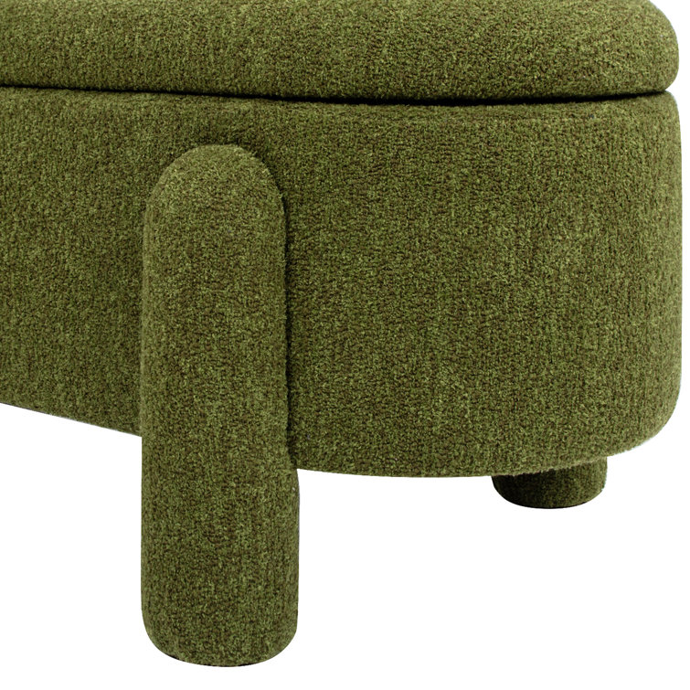 Moss Green Oval Bouclé Storage Bench with Rubberwood Legs
