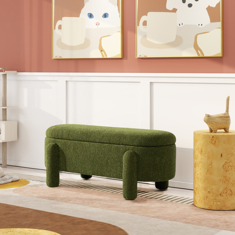 Moss Green Oval Bouclé Storage Bench with Rubberwood Legs