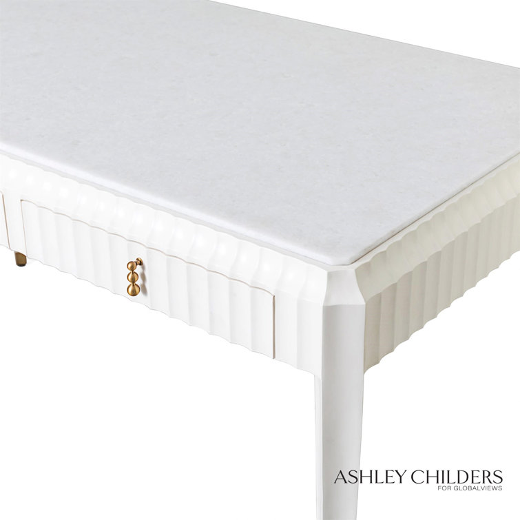 White Marble Top Writing Desk with Brass Pulls