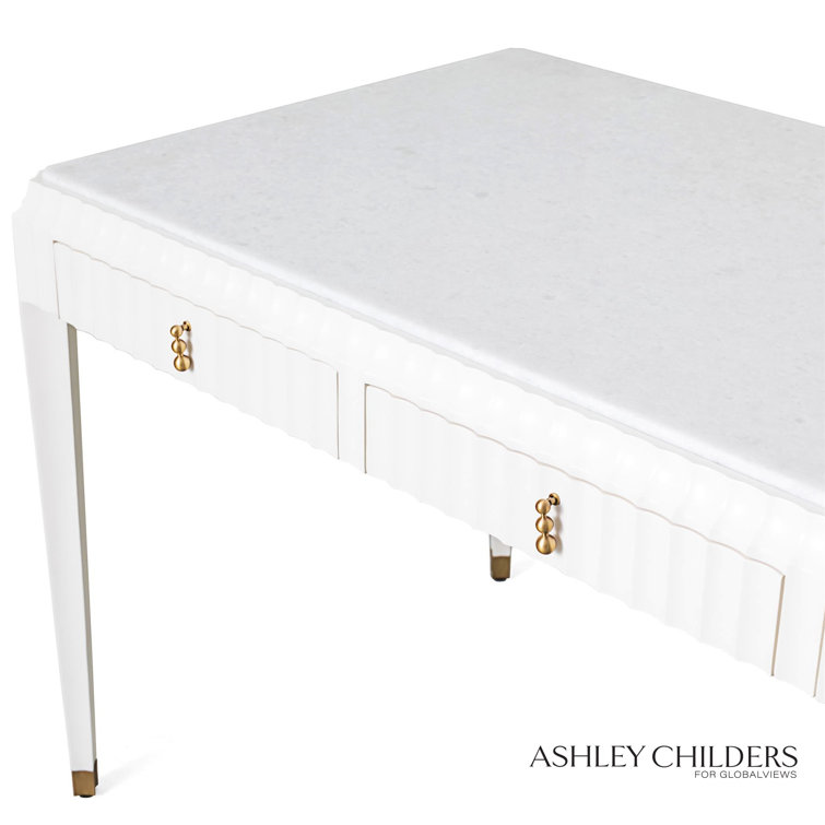 White Marble Top Writing Desk with Brass Pulls