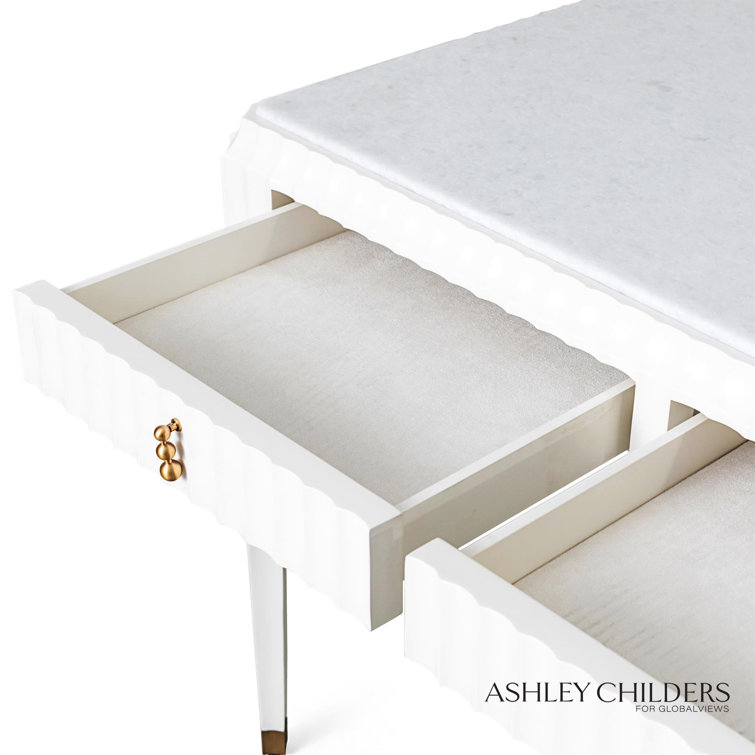 White Marble Top Writing Desk with Brass Pulls