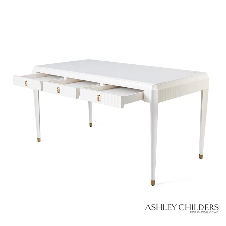 White Marble Top Writing Desk with Brass Pulls