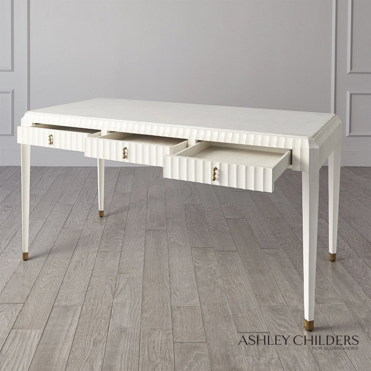 White Marble Top Writing Desk with Brass Pulls