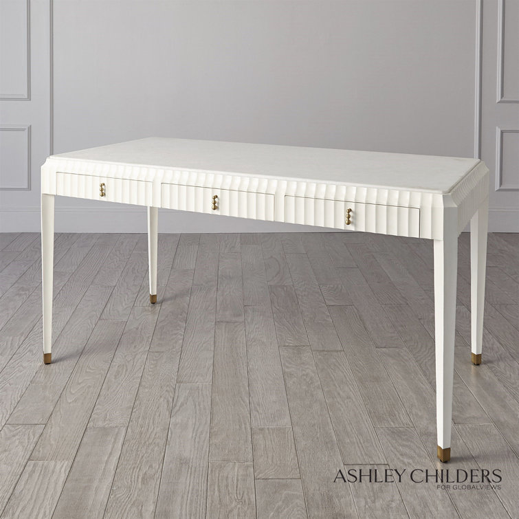 White Marble Top Writing Desk with Brass Pulls