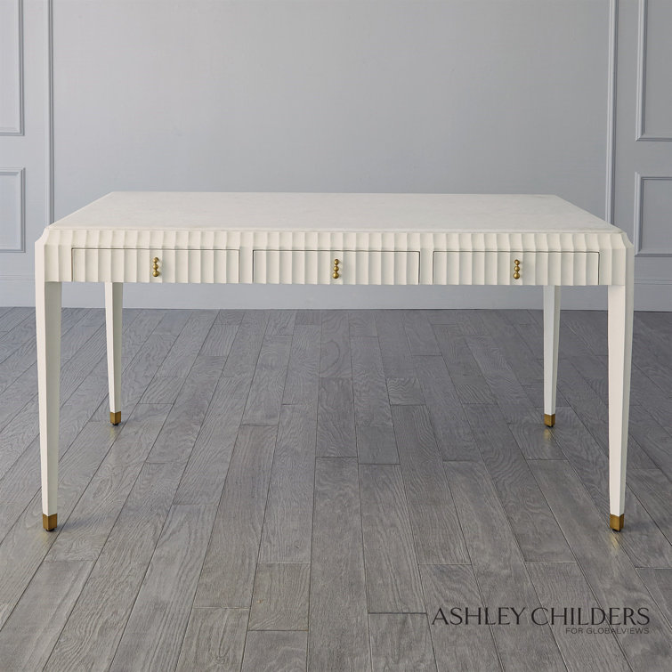 White Marble Top Writing Desk with Brass Pulls