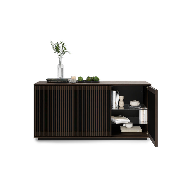 Toasted Oak and Black 3-Door Media Storage Console with Glass Shelves