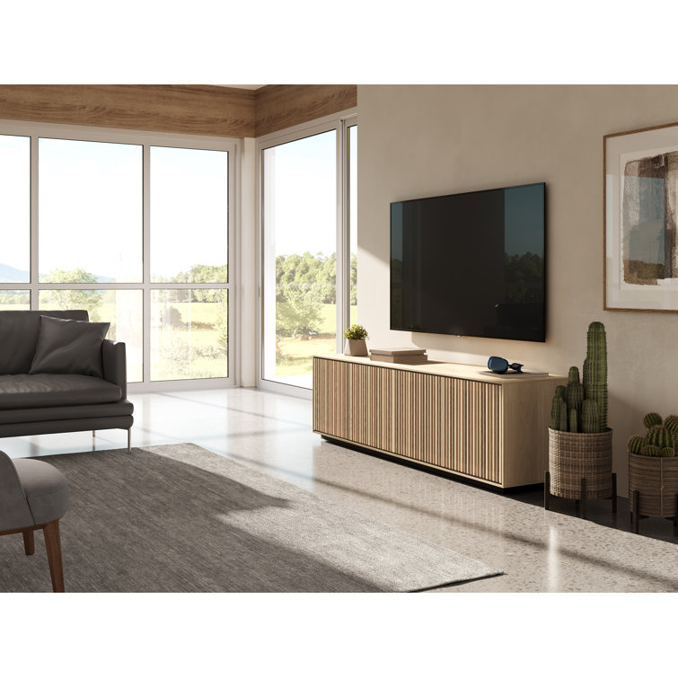 Washed Oak 4-Door Media Storage Cabinet with Tempered Glass Shelves