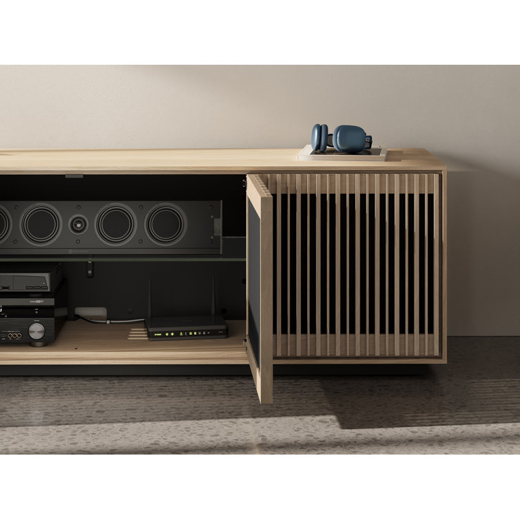 Washed Oak 4-Door Media Storage Cabinet with Tempered Glass Shelves