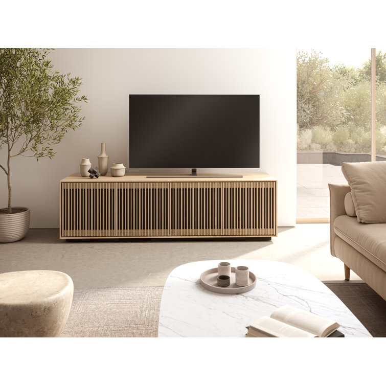Washed Oak 4-Door Media Storage Cabinet with Tempered Glass Shelves