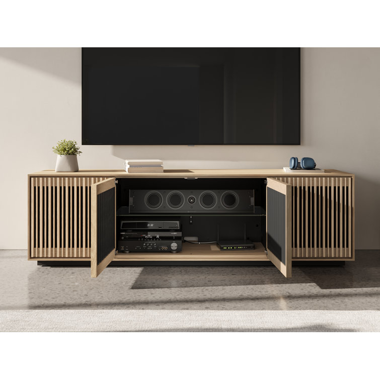 Washed Oak 4-Door Media Storage Cabinet with Tempered Glass Shelves