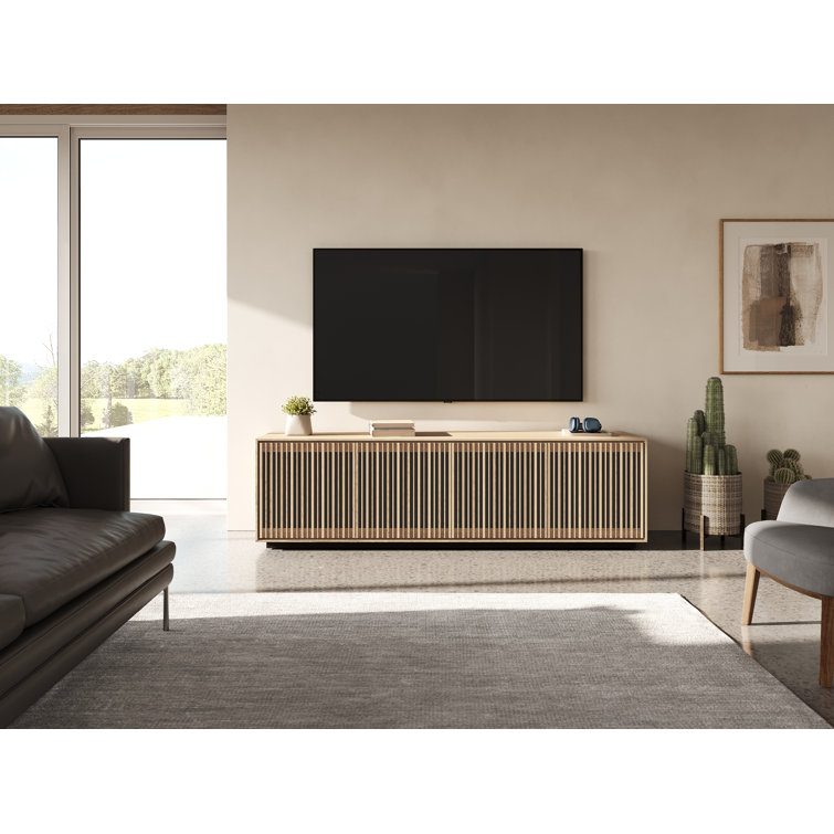 Washed Oak 4-Door Media Storage Cabinet with Tempered Glass Shelves