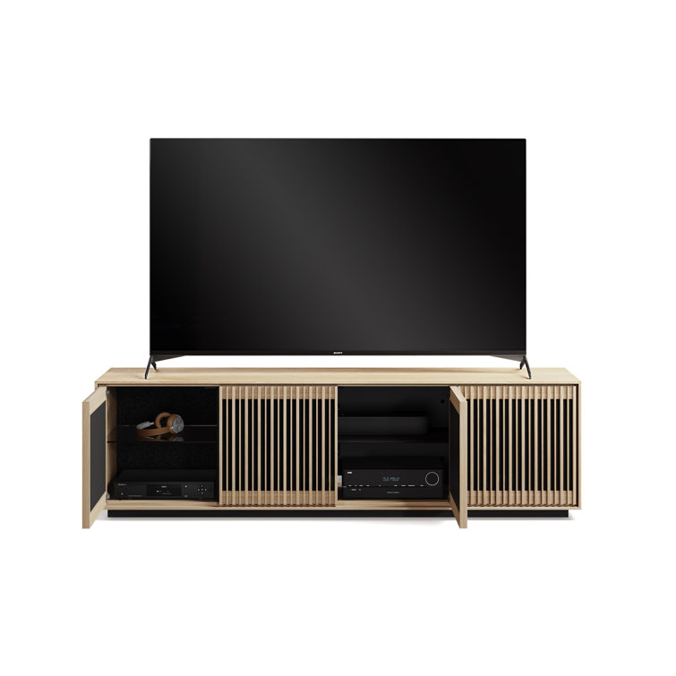 Washed Oak 4-Door Media Storage Cabinet with Tempered Glass Shelves