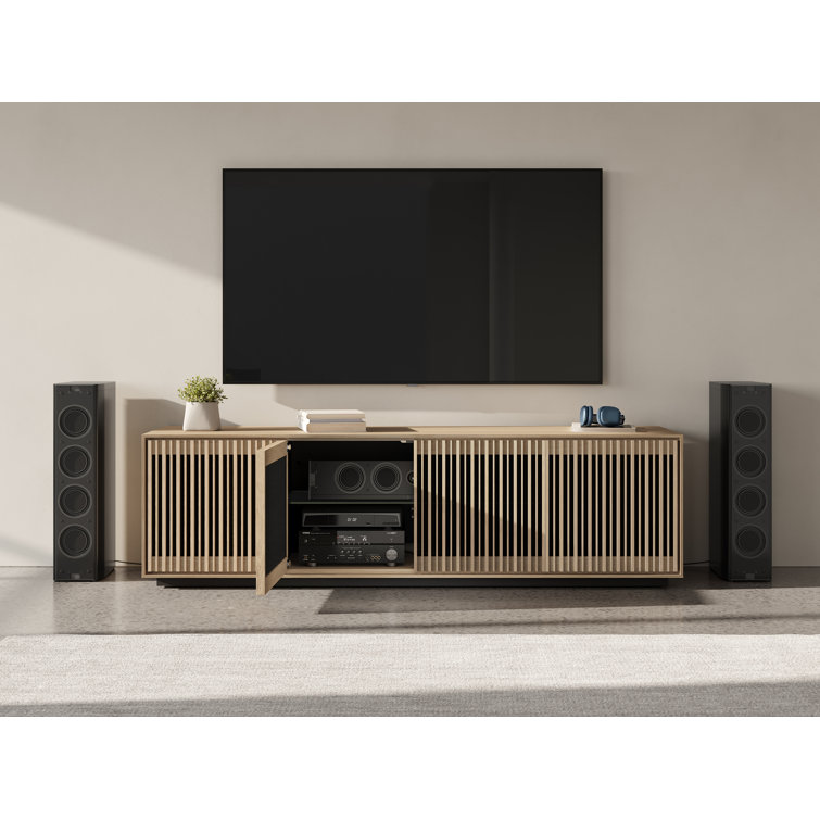 Washed Oak 4-Door Media Storage Cabinet with Tempered Glass Shelves
