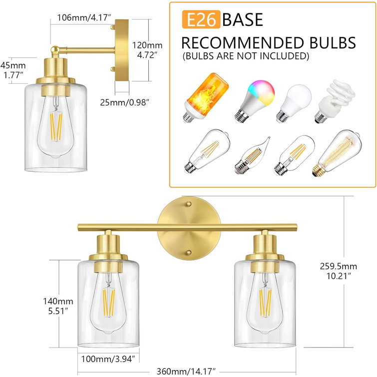 Gold 2-Light Vanity Light with Clear Glass Shades