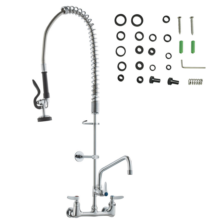 Brass Wall-Mounted Kitchen Faucet with Pull-out Spray