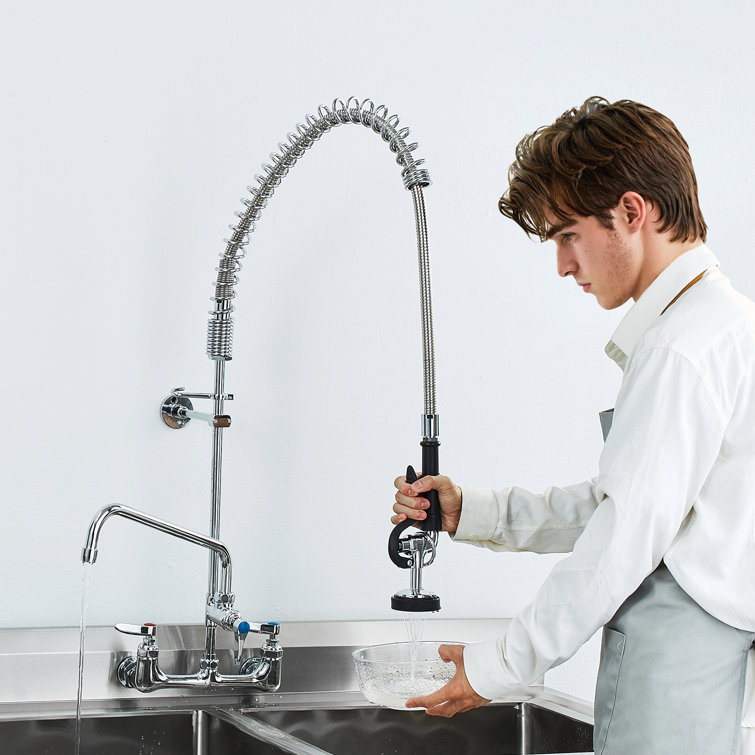 Brass Wall-Mounted Kitchen Faucet with Pull-out Spray