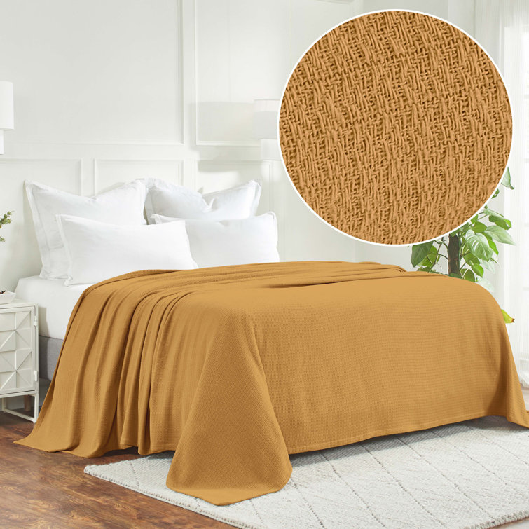 Mustard Full/Queen Cotton Waffle Weave Knit Blanket