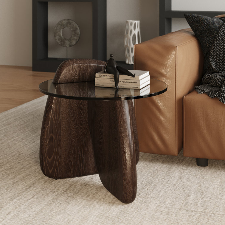 Round Clear Glass and Dark Walnut End Table