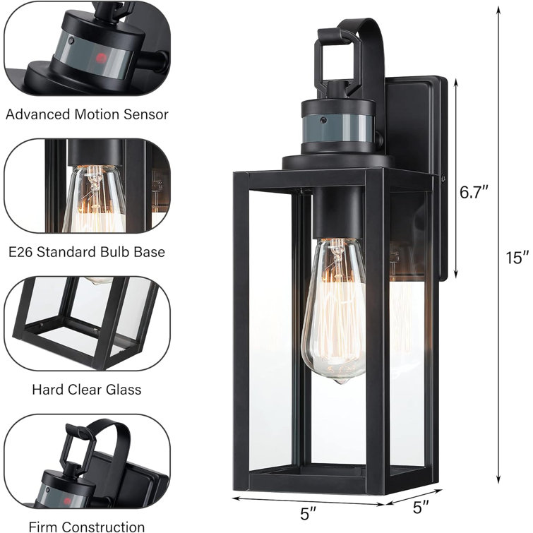 Matte Black Motion Sensor Outdoor Wall Lantern with Clear Glass