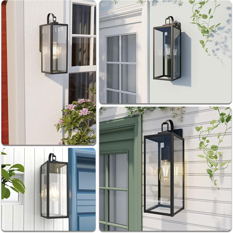 Large Matte Black Outdoor Wall Light with Clear Glass Panels