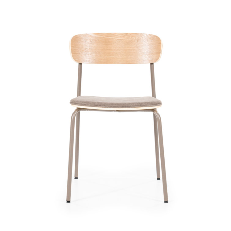 Taupe Upholstered Metal Dining Chair with Wooden Backrest