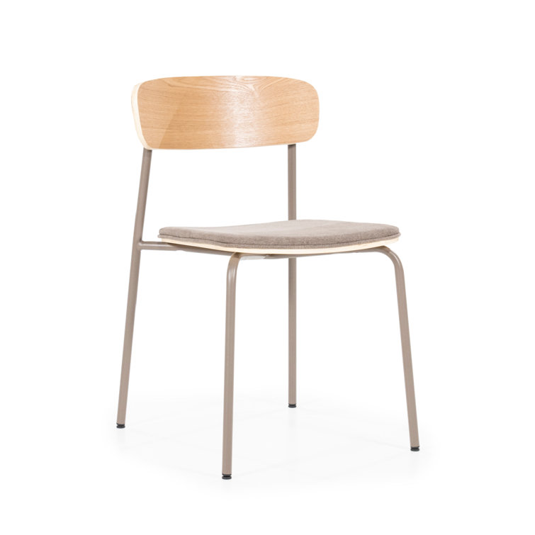 Taupe Upholstered Metal Dining Chair with Wooden Backrest