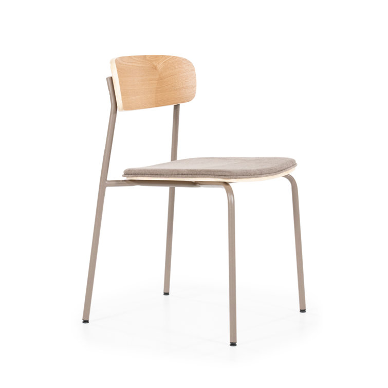 Taupe Upholstered Metal Dining Chair with Wooden Backrest