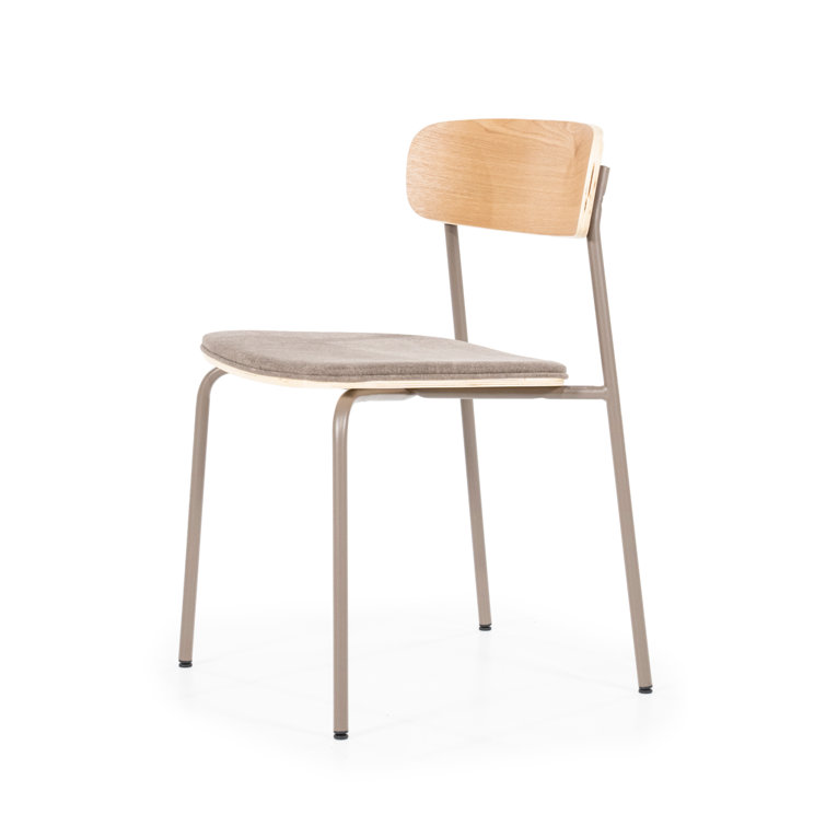 Taupe Upholstered Metal Dining Chair with Wooden Backrest