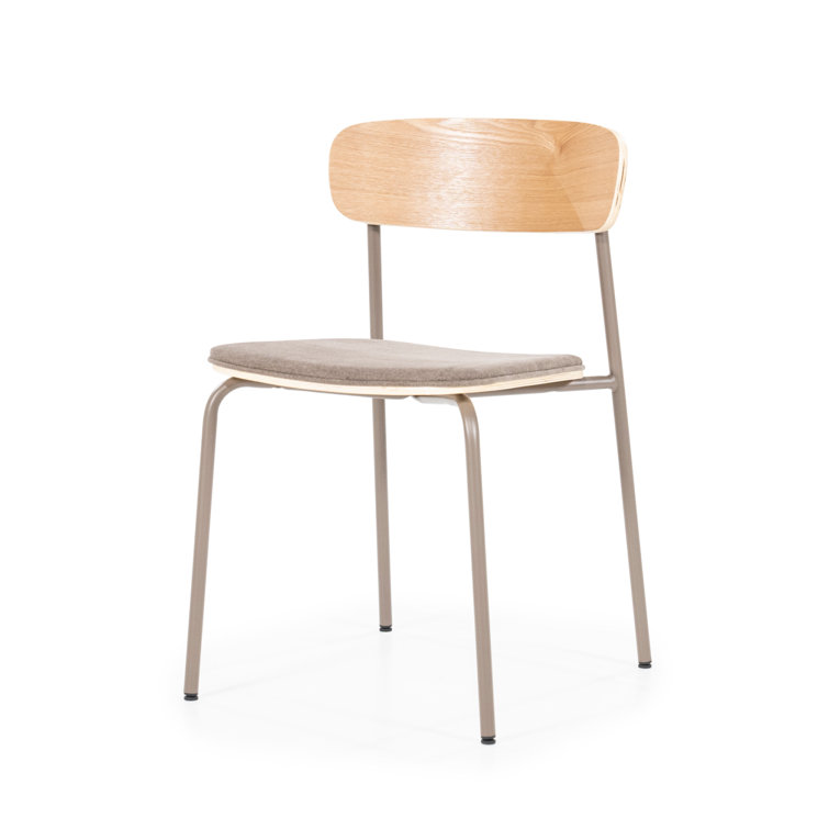 Taupe Upholstered Metal Dining Chair with Wooden Backrest