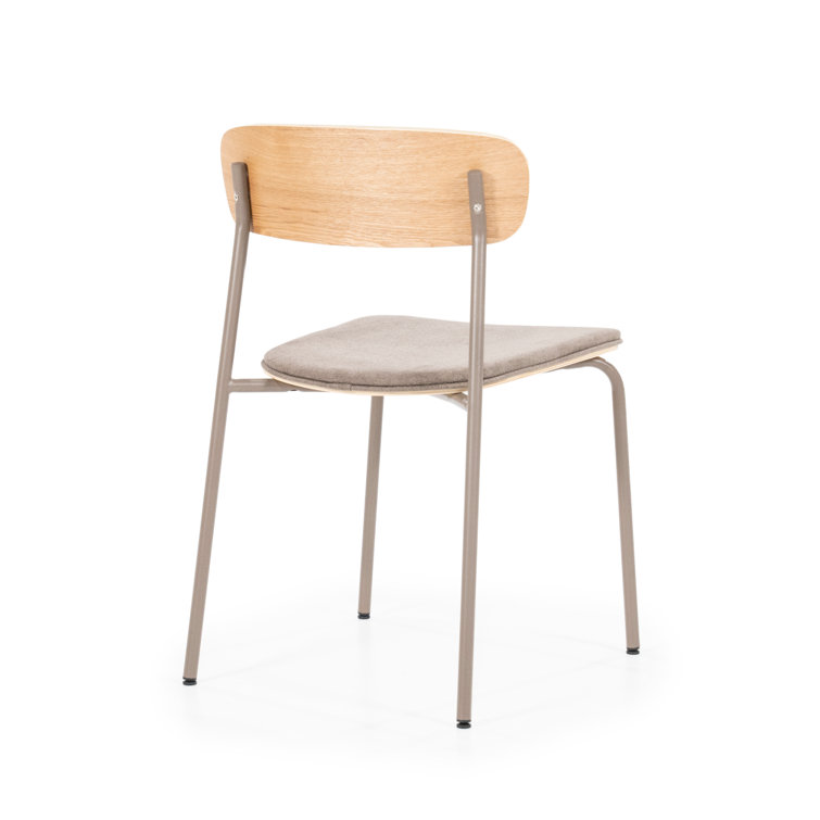 Taupe Upholstered Metal Dining Chair with Wooden Backrest