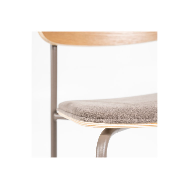 Taupe Upholstered Metal Dining Chair with Wooden Backrest