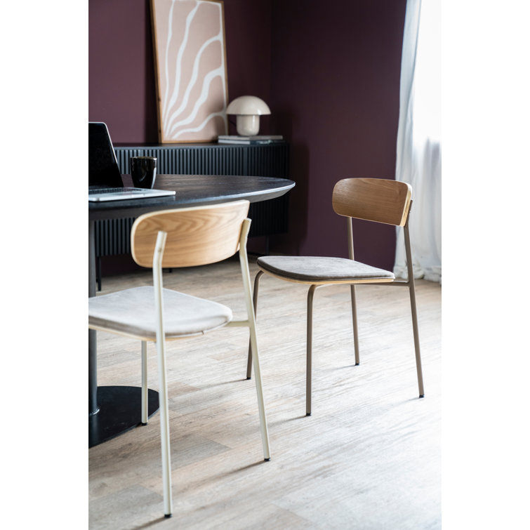 Taupe Upholstered Metal Dining Chair with Wooden Backrest