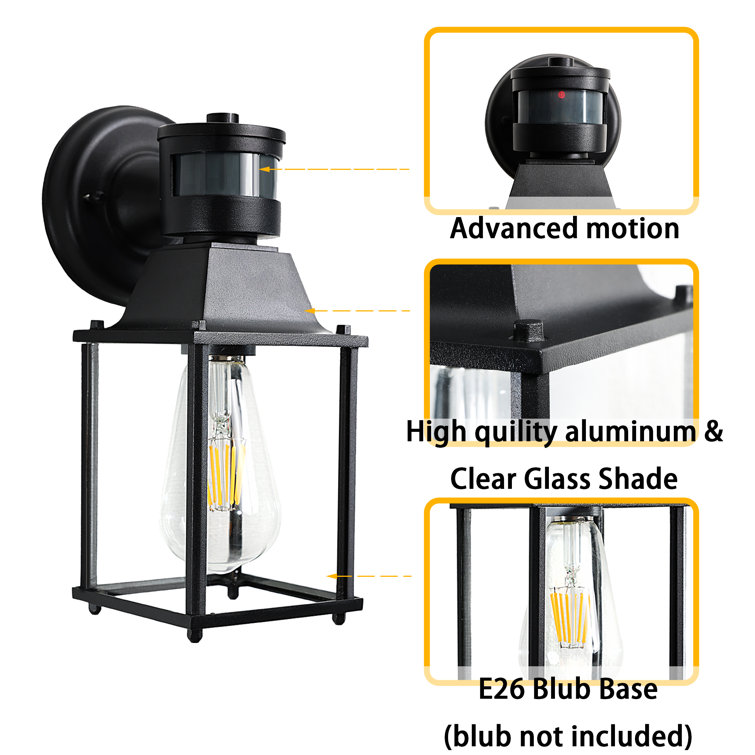 Black Hardwired Outdoor Wall Light with Motion Sensor and Glass Shade