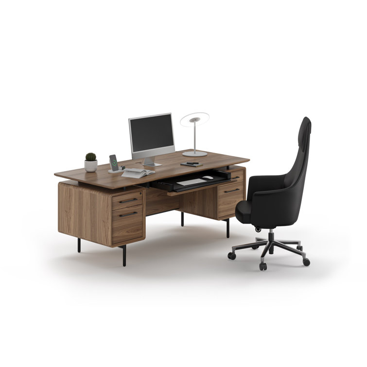Natural Walnut Executive Desk with Filing Cabinet and Power Outlet