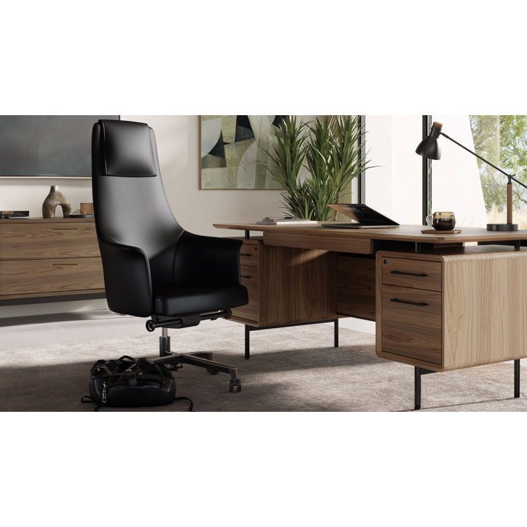 Natural Walnut Executive Desk with Filing Cabinet and Power Outlet