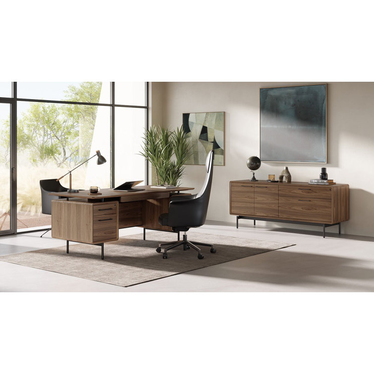 Natural Walnut Executive Desk with Filing Cabinet and Power Outlet
