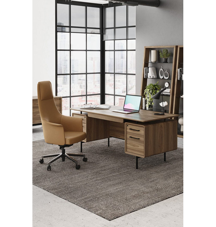 Natural Walnut Executive Desk with Filing Cabinet and Power Outlet