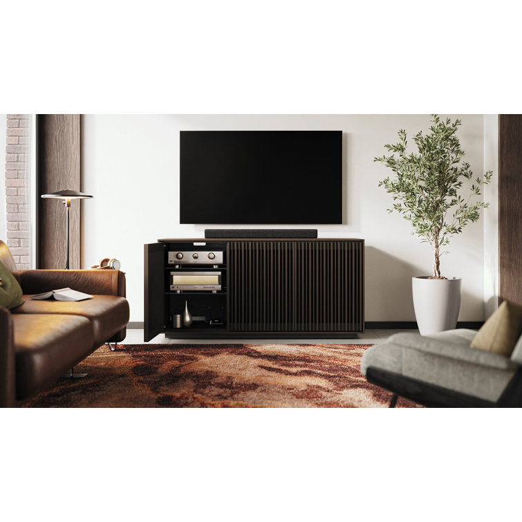 Toasted Oak and Black 3-Door Media Storage Console with Glass Shelves