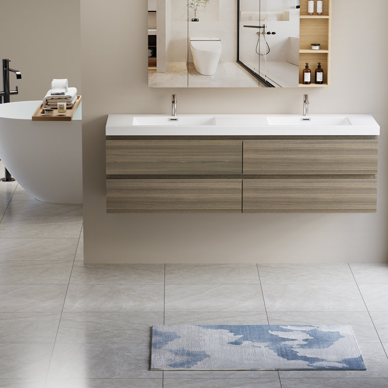 Ash Grey Wall-Mounted Double Sink Vanity with Resin Top