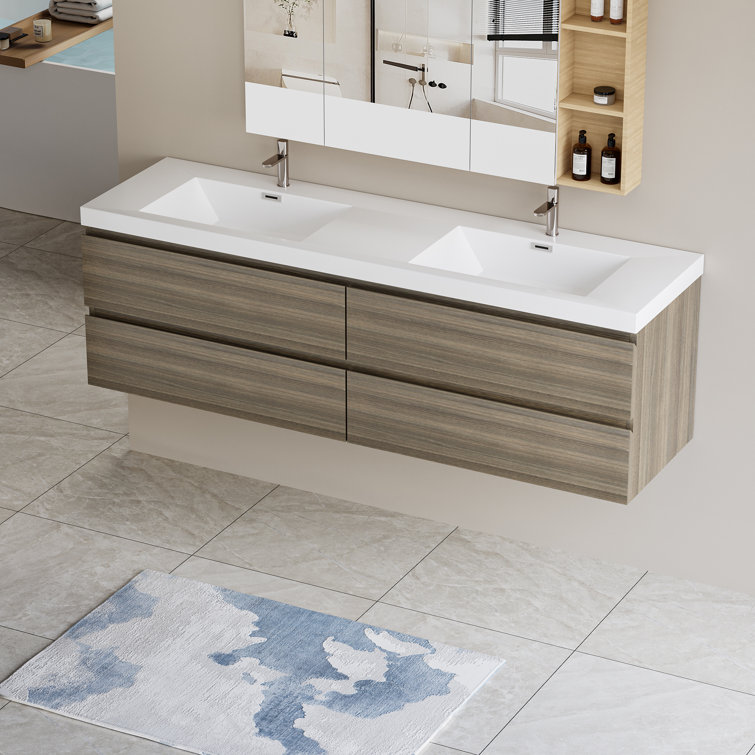 Ash Grey Wall-Mounted Double Sink Vanity with Resin Top
