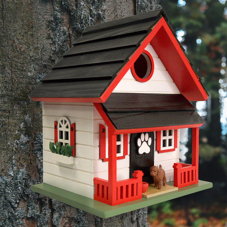 Red and White Wooden Dog-Themed Birdhouse