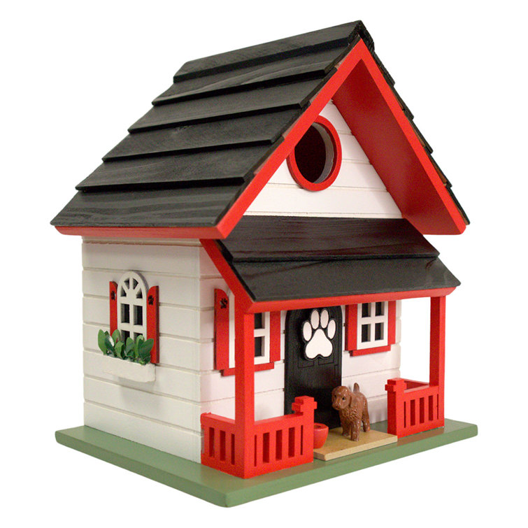 Red and White Wooden Dog-Themed Birdhouse
