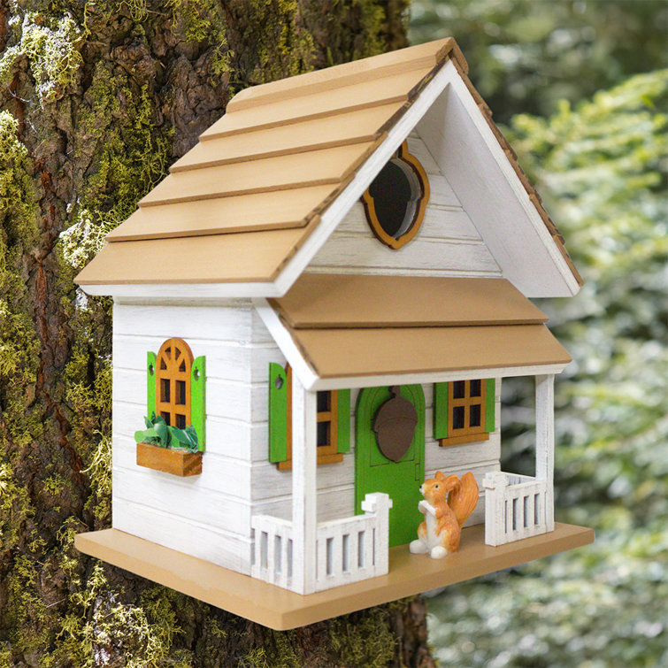 White and Green Cottage Birdhouse with Squirrel Figurine