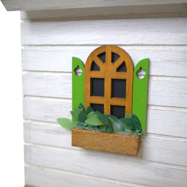 White and Green Cottage Birdhouse with Squirrel Figurine