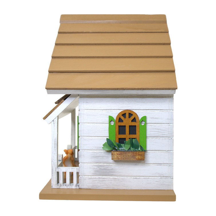 White and Green Cottage Birdhouse with Squirrel Figurine