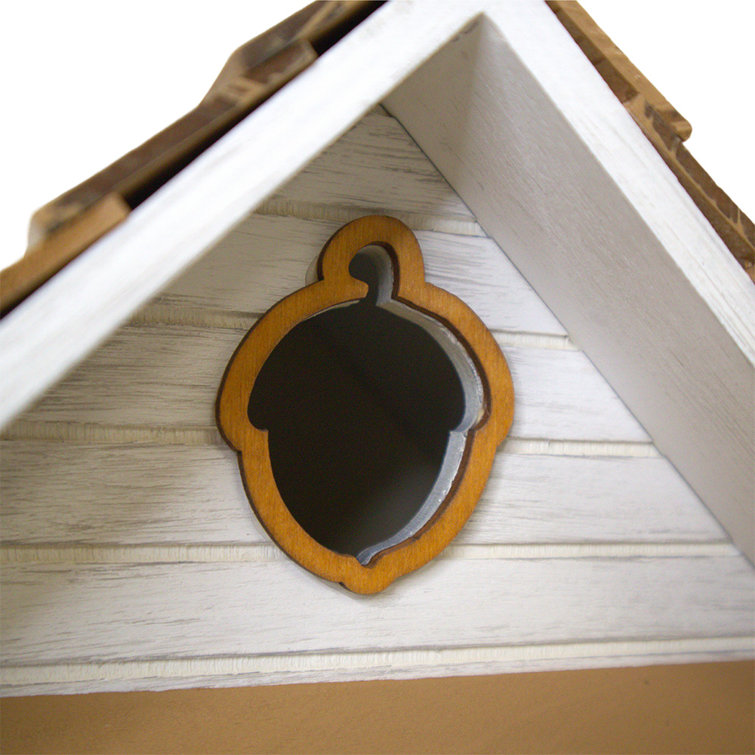 White and Green Cottage Birdhouse with Squirrel Figurine