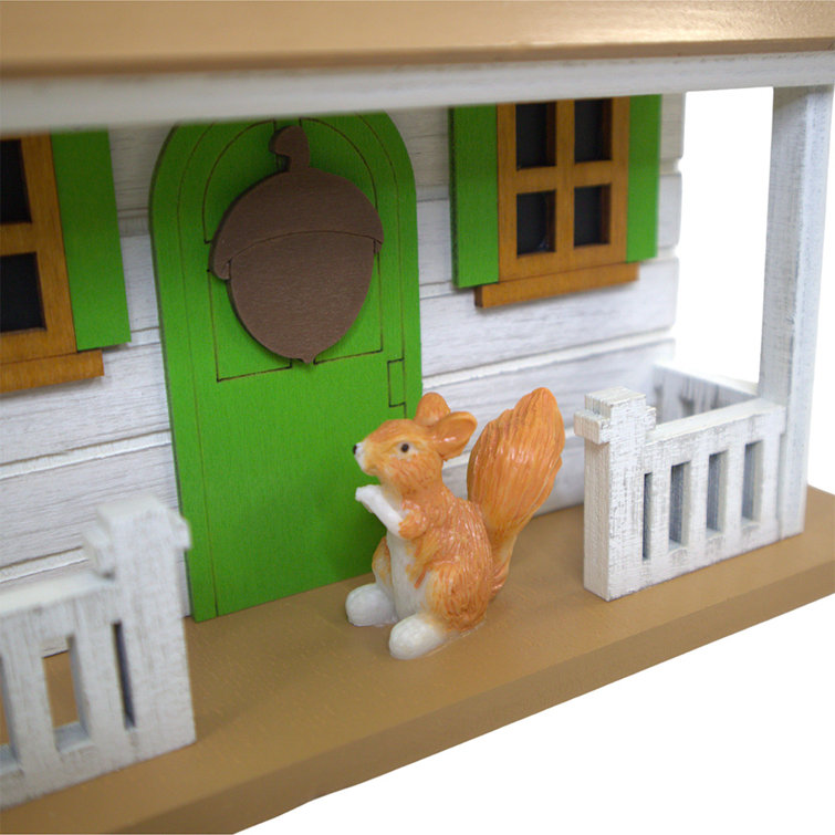 White and Green Cottage Birdhouse with Squirrel Figurine